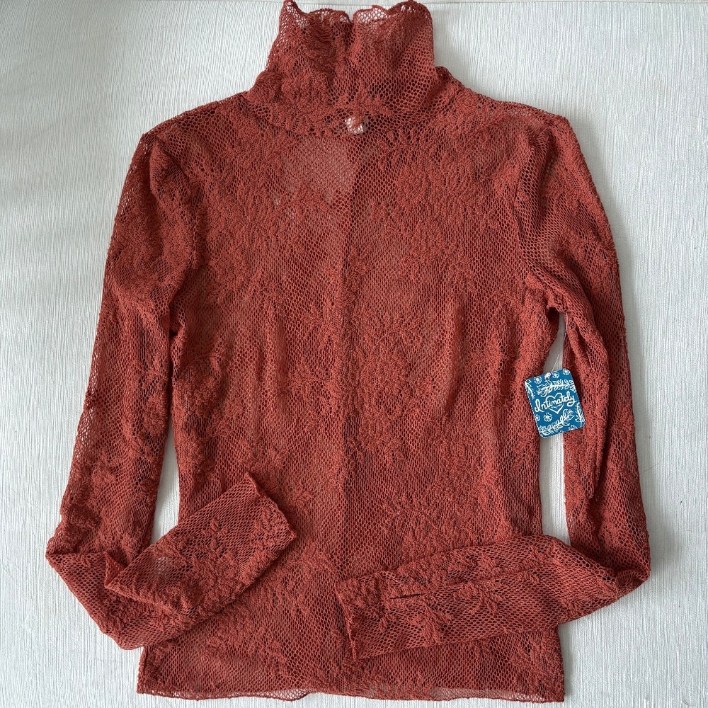 Free People Lace Top XS Stretch Sheer Turtleneck Rust Boho Balletcore NWT